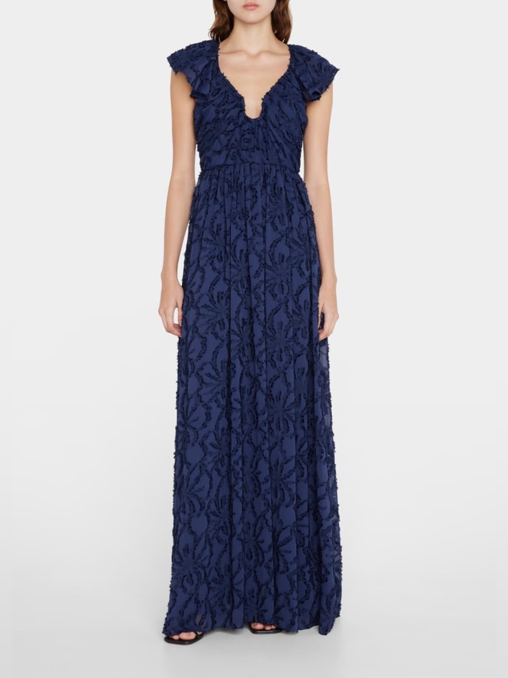 Tanya Taylor Leonie Navy Floral-Textured V-Neck Maxi Dress